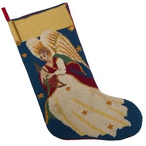 Vintage Handmade Needlepoint Wool Christmas‎ Stocking Angel Hat Red Velvet